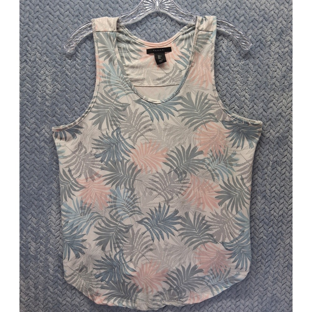 Tahari Womens Tropical Palm Leaf Print Tank‎ Top Pink Teal Sleeveless Large 5070